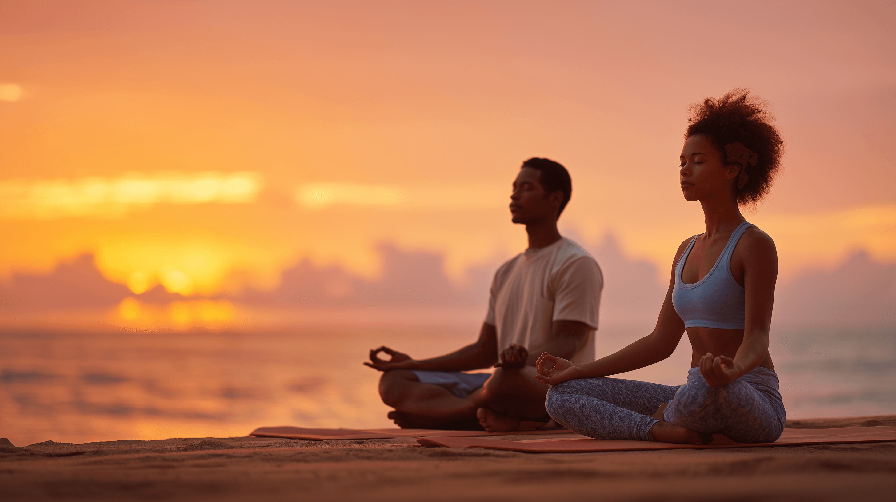 People meditating at sunset